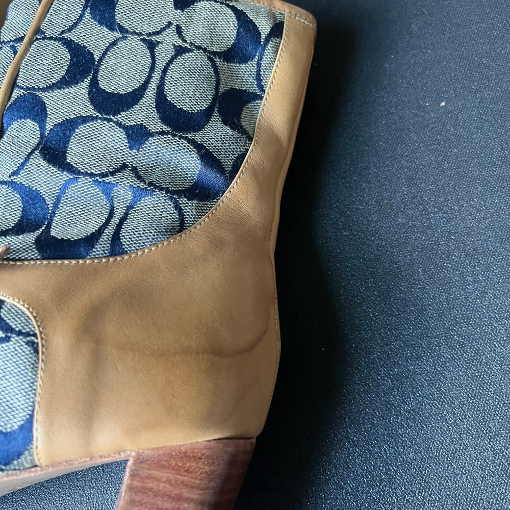 Vtg Coach Blue Signature Monogram Canvas Tan Leather Square Toe Boots 8.5 Y2k - Picture 4 of 13